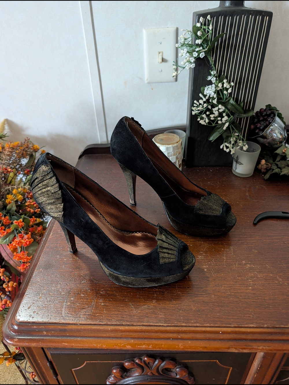 Poetic License Black Suede Peep-Toe Heels with Gold Accents